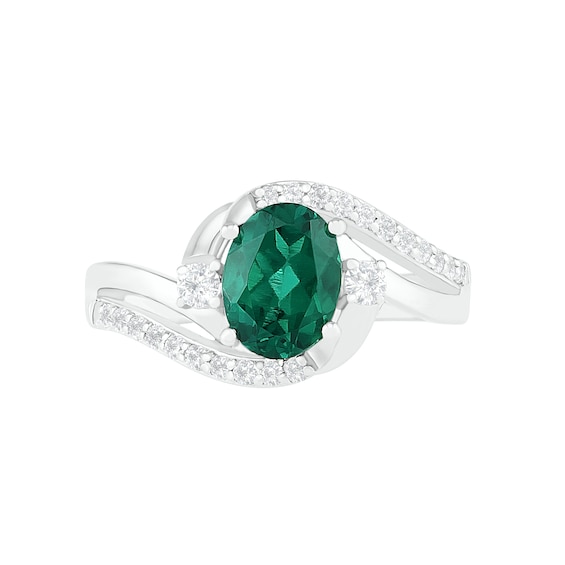 Oval Lab-Created Emerald and White Sapphire Side Accent Double Bypass Split Shank Bridal Set in Sterling Silver