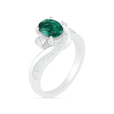 Oval Lab-Created Emerald and White Sapphire Side Accent Double Bypass Split Shank Bridal Set in Sterling Silver