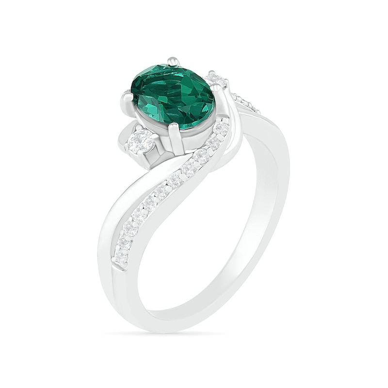 Oval Lab-Created Emerald and White Sapphire Side Accent Double Bypass Split Shank Bridal Set in Sterling Silver|Peoples Jewellers
