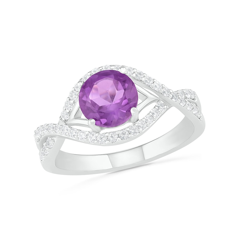 7.0mm Amethyst and White Lab-Created Sapphire Frame Evil Eye Twist Shank Ring in Sterling Silver|Peoples Jewellers