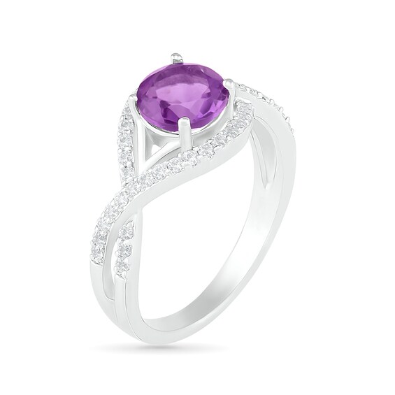 7.0mm Amethyst and White Lab-Created Sapphire Frame Evil Eye Twist Shank Ring in Sterling Silver