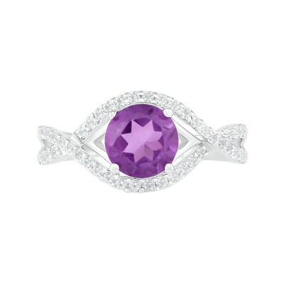 7.0mm Amethyst and White Lab-Created Sapphire Frame Evil Eye Twist Shank Ring in Sterling Silver