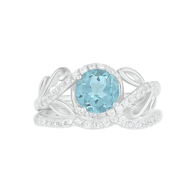 7.0mm Aquamarine and 0.37 CT. T.W. Diamond Bypass Leaf Shank Bridal Set in 10K White Gold