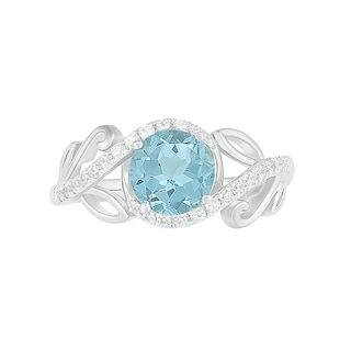 7.0mm Aquamarine and 0.37 CT. T.W. Diamond Bypass Leaf Shank Bridal Set in 10K White Gold