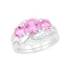 Lab-Created Pink and White Sapphire Three Stone Rolling Wave Split Shank Bridal Set in Sterling Silver