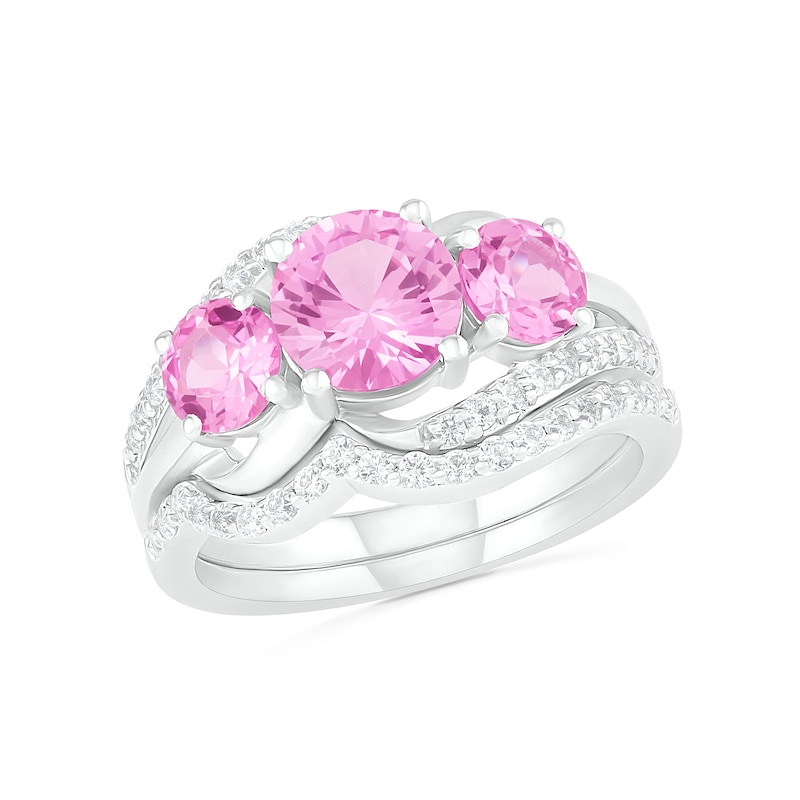 Lab-Created Pink and White Sapphire Three Stone Rolling Wave Split Shank Bridal Set in Sterling Silver|Peoples Jewellers