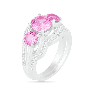 Lab-Created Pink and White Sapphire Three Stone Rolling Wave Split Shank Bridal Set in Sterling Silver