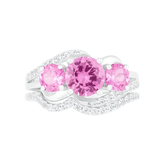 Lab-Created Pink and White Sapphire Three Stone Rolling Wave Split Shank Bridal Set in Sterling Silver