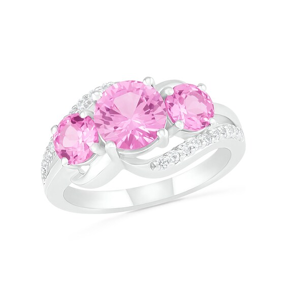 Lab-Created Pink and White Sapphire Three Stone Rolling Wave Split Shank Bridal Set in Sterling Silver