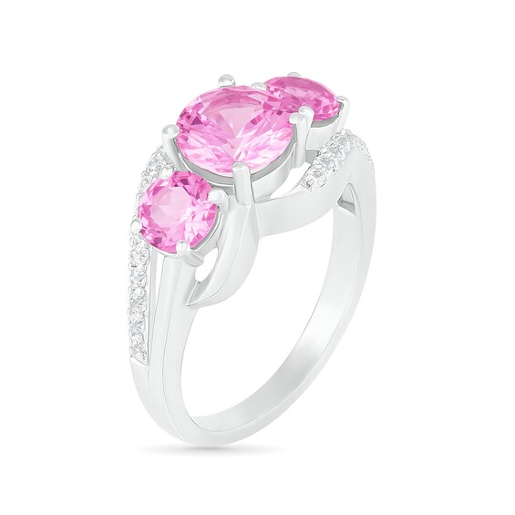 Lab-Created Pink and White Sapphire Three Stone Rolling Wave Split Shank Bridal Set in Sterling Silver