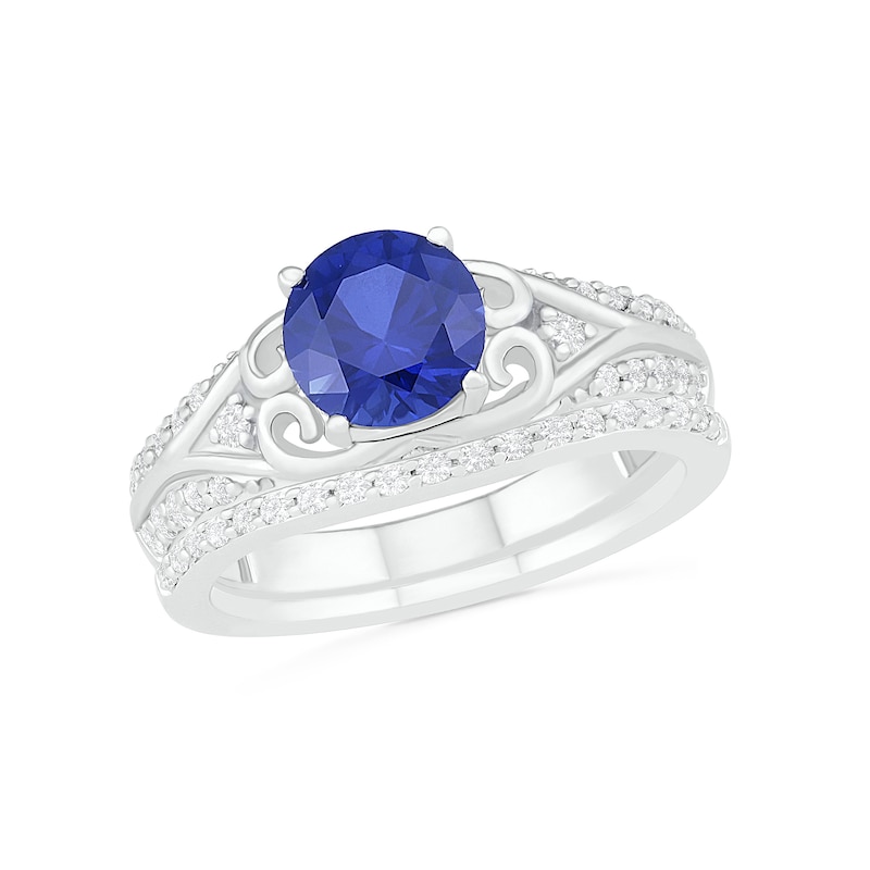 7.0mm Lab-Created Blue and White Sapphire Scroll-Sides Vintage-Style Split Shank Bridal Set in Sterling Silver|Peoples Jewellers
