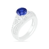 Thumbnail Image 1 of 7.0mm Lab-Created Blue and White Sapphire Scroll-Sides Vintage-Style Split Shank Bridal Set in Sterling Silver