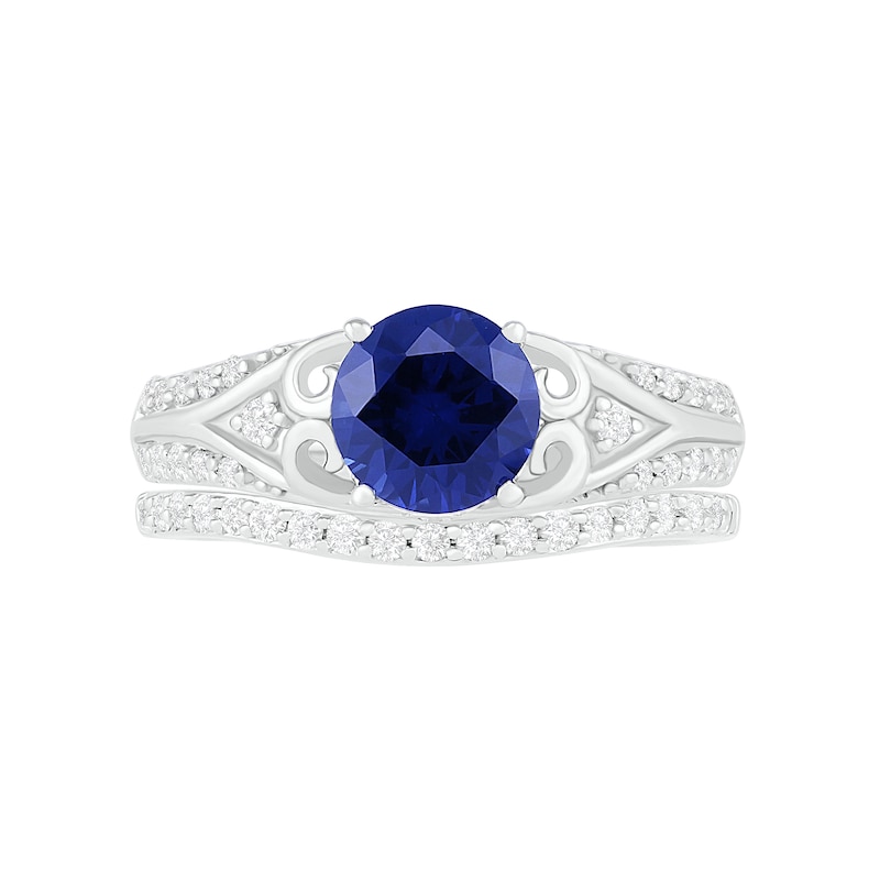 7.0mm Lab-Created Blue and White Sapphire Scroll-Sides Vintage-Style Split Shank Bridal Set in Sterling Silver|Peoples Jewellers
