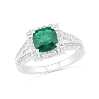 7.0mm Cushion-Cut Lab-Created Emerald and White Sapphire Frame Art Deco Split Shank Ring in Sterling Silver