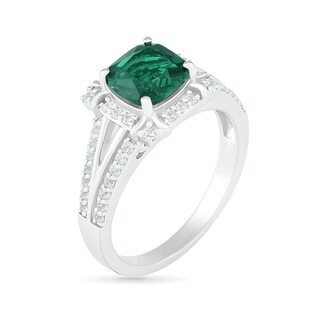 7.0mm Cushion-Cut Lab-Created Emerald and White Sapphire Frame Art Deco Split Shank Ring in Sterling Silver