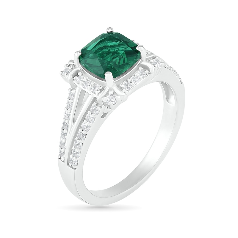 7.0mm Cushion-Cut Lab-Created Emerald and White Sapphire Frame Art Deco Split Shank Ring in Sterling Silver|Peoples Jewellers
