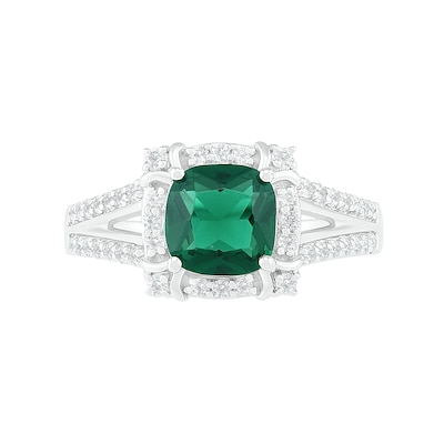 7.0mm Cushion-Cut Lab-Created Emerald and White Sapphire Frame Art Deco Split Shank Ring in Sterling Silver