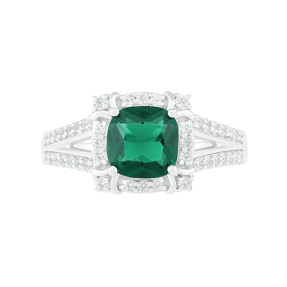 7.0mm Cushion-Cut Lab-Created Emerald and White Sapphire Frame Art Deco Split Shank Ring in Sterling Silver