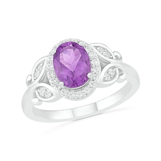 Oval Amethyst and White Lab-Created Sapphire Frame Leaf-Sides Ring in Sterling Silver