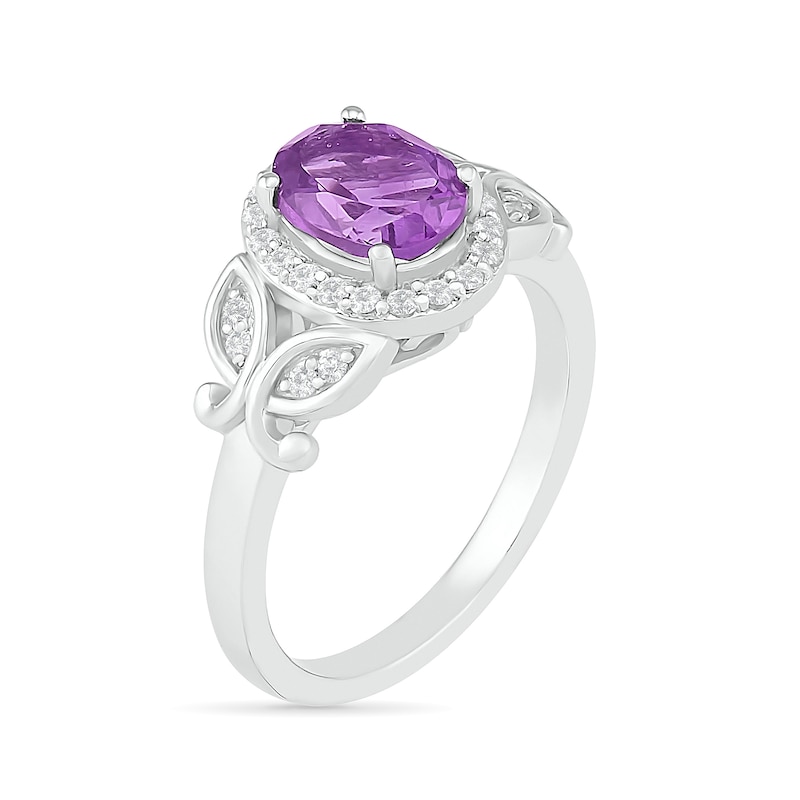 Oval Amethyst and White Lab-Created Sapphire Frame Leaf-Sides Ring in Sterling Silver