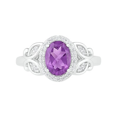 Oval Amethyst and White Lab-Created Sapphire Frame Leaf-Sides Ring in Sterling Silver