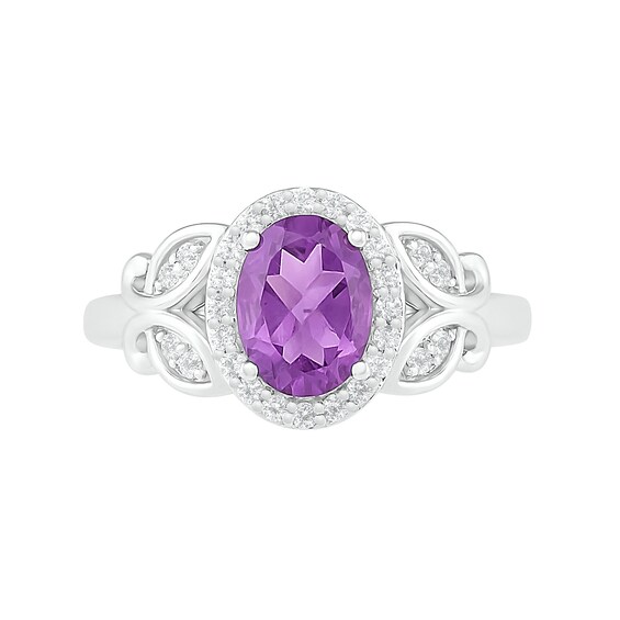 Oval Amethyst and White Lab-Created Sapphire Frame Leaf-Sides Ring in Sterling Silver