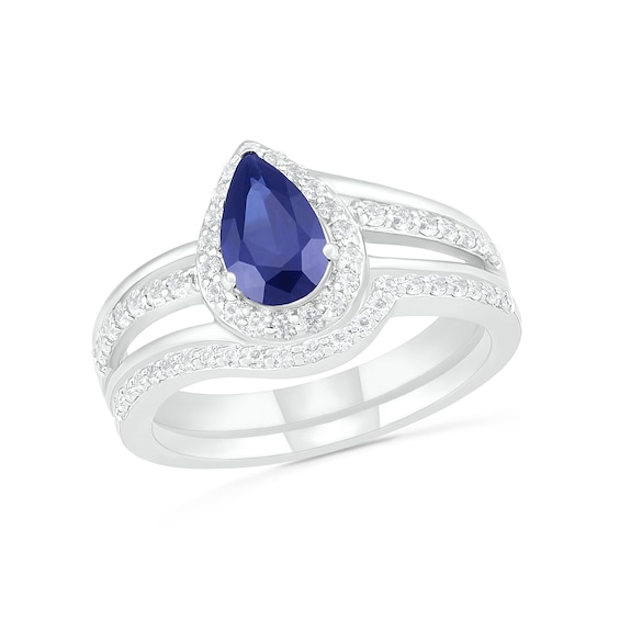 Pear-Shaped Lab-Created Blue and White Sapphire Frame Bypass Split Shank Bridal Set in Sterling Silver