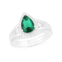 Pear-Shaped Lab-Created Emerald and White Sapphire Geometric Curve Split Shank Bridal Set in Sterling Silver