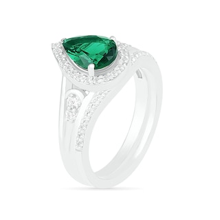 Pear-Shaped Lab-Created Emerald and White Sapphire Geometric Curve Split Shank Bridal Set in Sterling Silver