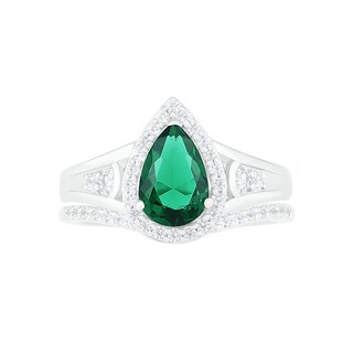 Pear-Shaped Lab-Created Emerald and White Sapphire Geometric Curve Split Shank Bridal Set in Sterling Silver