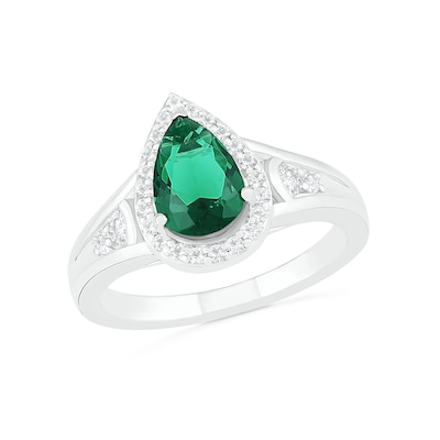 Pear-Shaped Lab-Created Emerald and White Sapphire Geometric Curve Split Shank Bridal Set in Sterling Silver