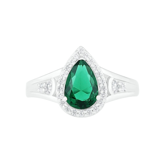 Pear-Shaped Lab-Created Emerald and White Sapphire Geometric Curve Split Shank Bridal Set in Sterling Silver