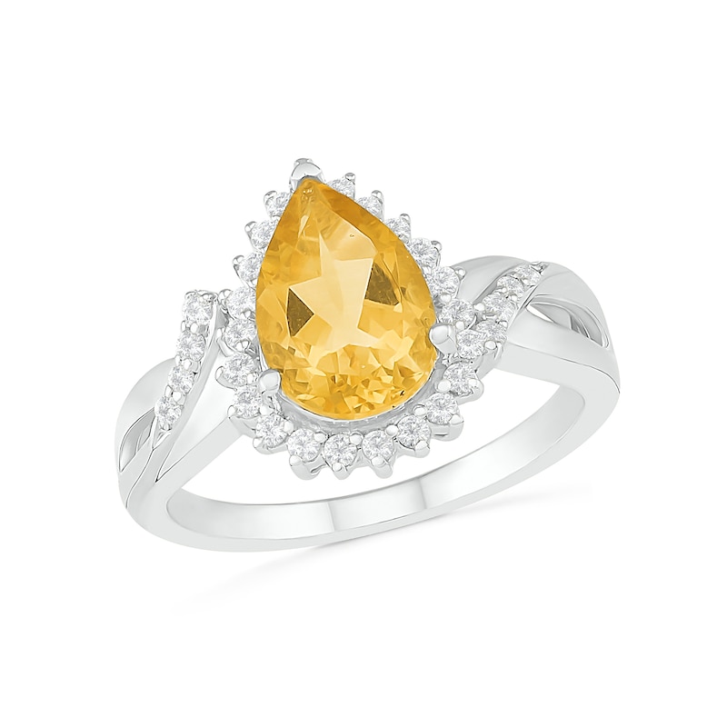 Pear-Shaped Citrine and White Lab-Created Sapphire Starburst Frame Twist Split Shank Ring in Sterling Silver|Peoples Jewellers