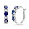Thumbnail Image 0 of Oval Lab-Created Blue Sapphire and Baguette Diamond Accent Three Stone Hoop Earrings in Sterling Silver
