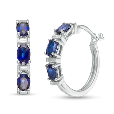 Oval Lab-Created Blue Sapphire and Baguette Diamond Accent Three Stone Hoop Earrings in Sterling Silver