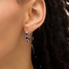 Thumbnail Image 1 of Oval Lab-Created Blue Sapphire and Baguette Diamond Accent Three Stone Hoop Earrings in Sterling Silver