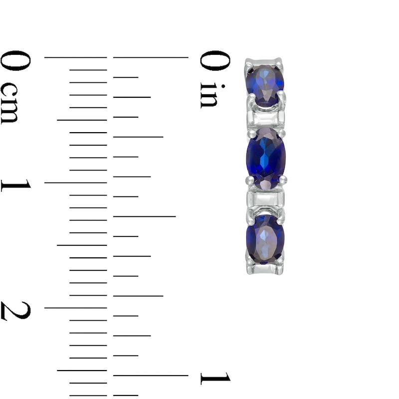 Oval Lab-Created Blue Sapphire and Baguette Diamond Accent Three Stone Hoop Earrings in Sterling Silver