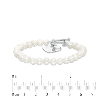 5.0-6.0mm Freshwater Cultured Pearl Strand Bracelet with Sterling Silver Heart Charm and Toggle Clasp-7.5"