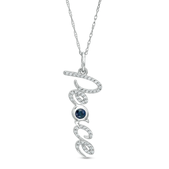 3.0mm Lab-Created Blue and White Sapphire "Peace" Script Vertical Pendant in Sterling Silver