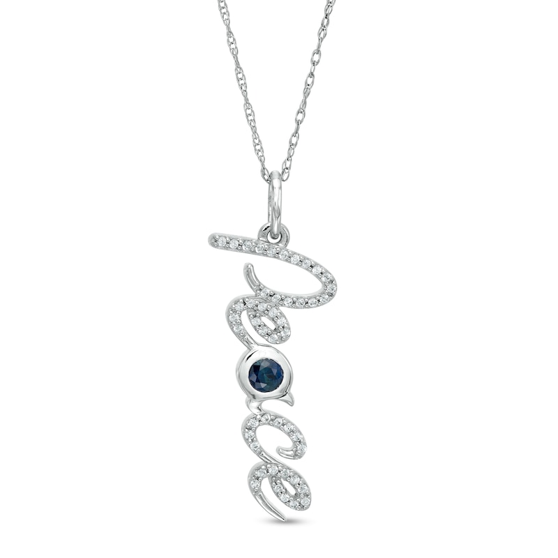 3.0mm Lab-Created Blue and White Sapphire "Peace" Script Vertical Pendant in Sterling Silver