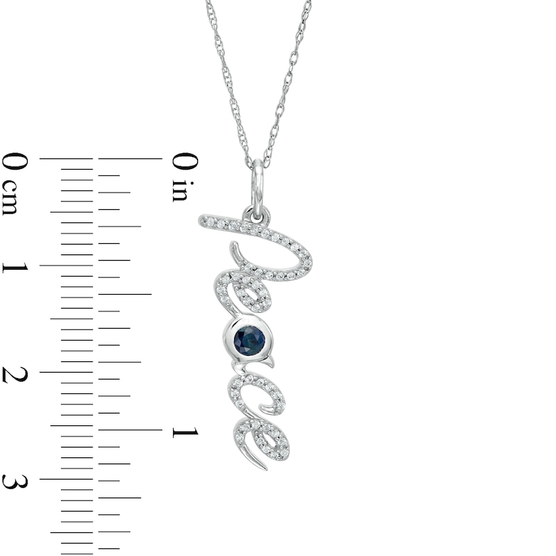 3.0mm Lab-Created Blue and White Sapphire "Peace" Script Vertical Pendant in Sterling Silver