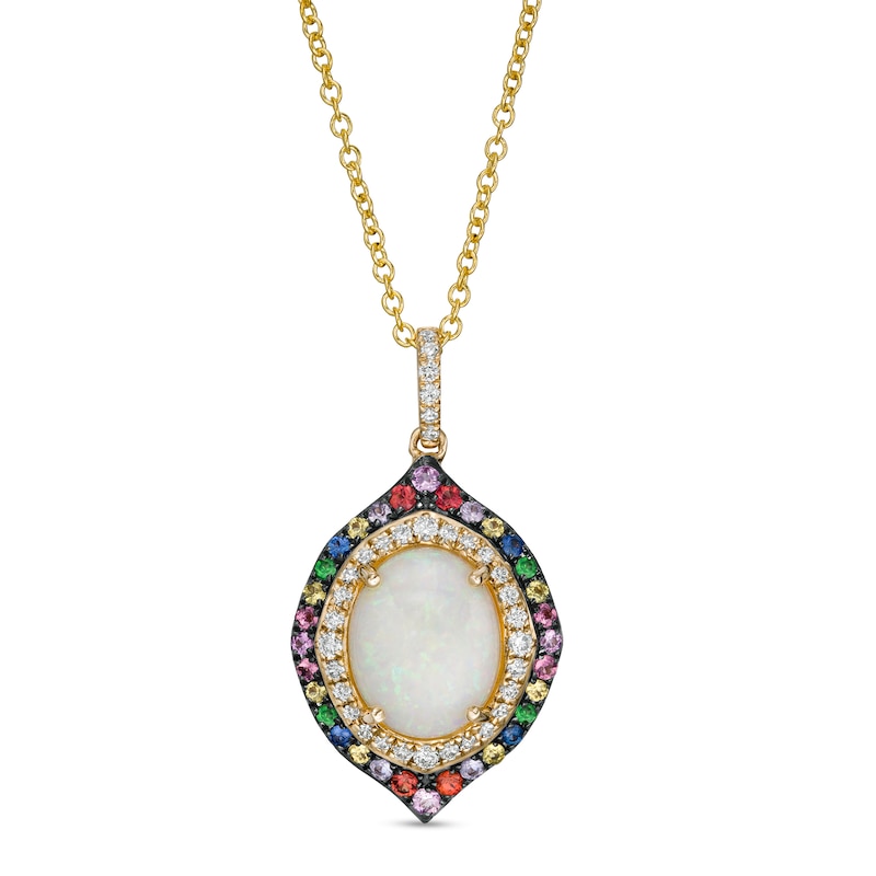 Main Image 1 of EFFY™ Collection Oval Opal, Multi-Gemstone and 0.15 CT. T.W. Diamond Double Frame Pendant in 14K Gold