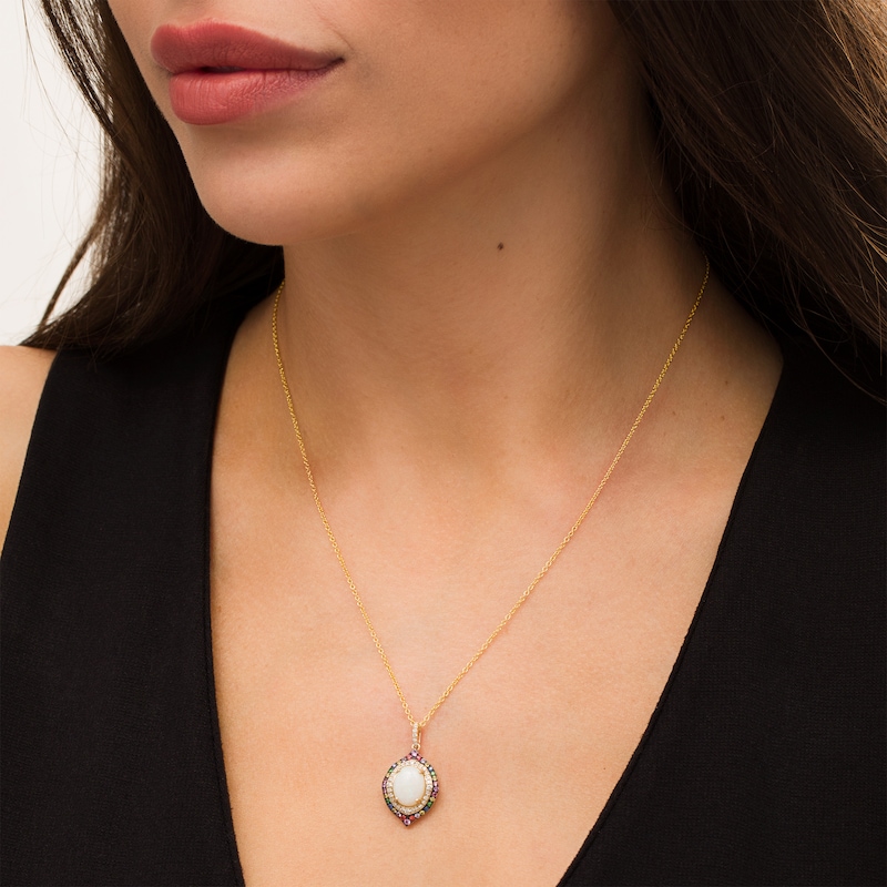 Main Image 2 of EFFY™ Collection Oval Opal, Multi-Gemstone and 0.15 CT. T.W. Diamond Double Frame Pendant in 14K Gold