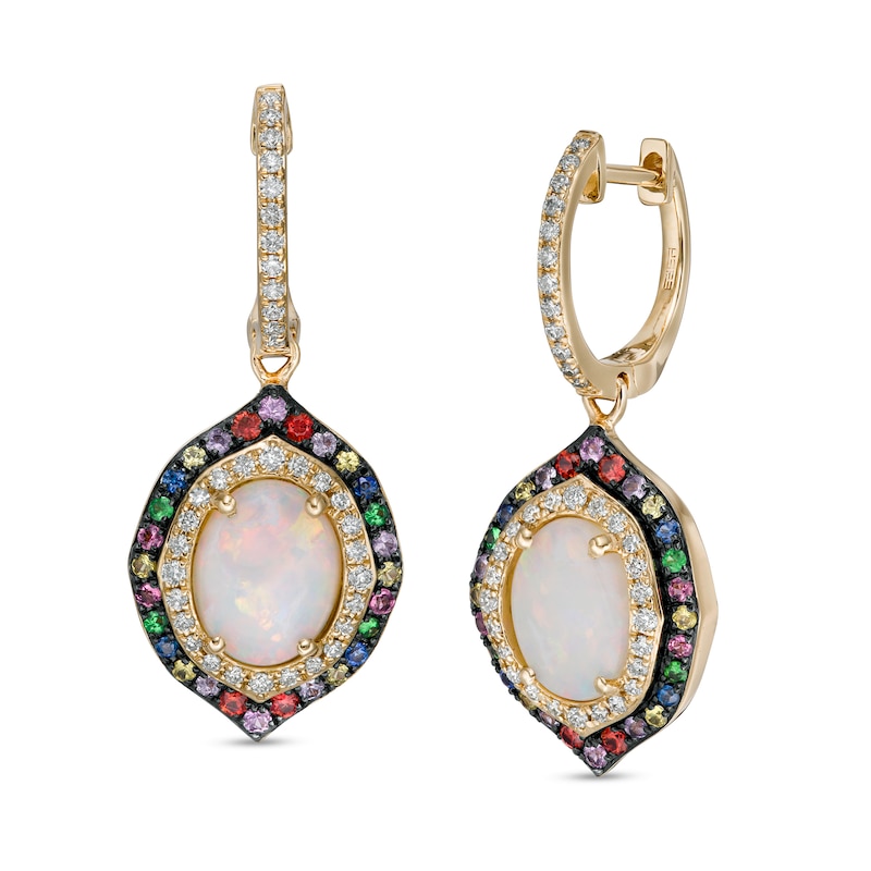 Main Image 1 of EFFY™ Collection Oval Opal, Multi-Gemstone and 0.36 CT. T.W. Diamond Double Frame Drop Earrings in 14K Gold