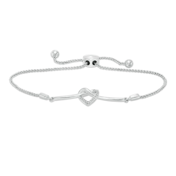 Diamond Accent Heart-Shaped Knot Bolo Bracelet in Sterling Silver - 9.5"