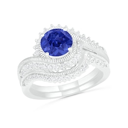 7.0mm Lab-Created Blue and White Sapphire Sunburst Bypass Frame Vintage-Style Bridal Set in Sterling Silver