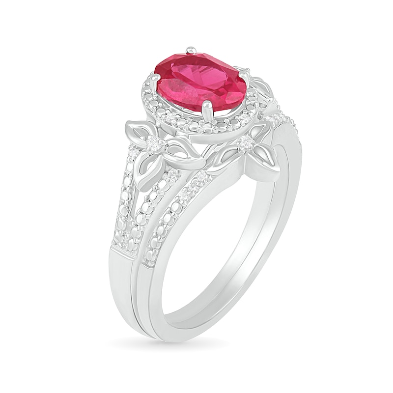 Oval Lab-Created Ruby and 0.065 CT. T.W. Diamond Bead Frame Flower-Sides Split Shank Bridal Set in Sterling Silver|Peoples Jewellers