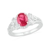 Oval Lab-Created Ruby and 0.065 CT. T.W. Diamond Bead Frame Flower-Sides Split Shank Bridal Set in Sterling Silver