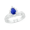 Thumbnail Image 0 of Pear-Shaped Lab-Created Blue and White Sapphire Ornate Frame Vintage-Style Bridal Set in Sterling Silver