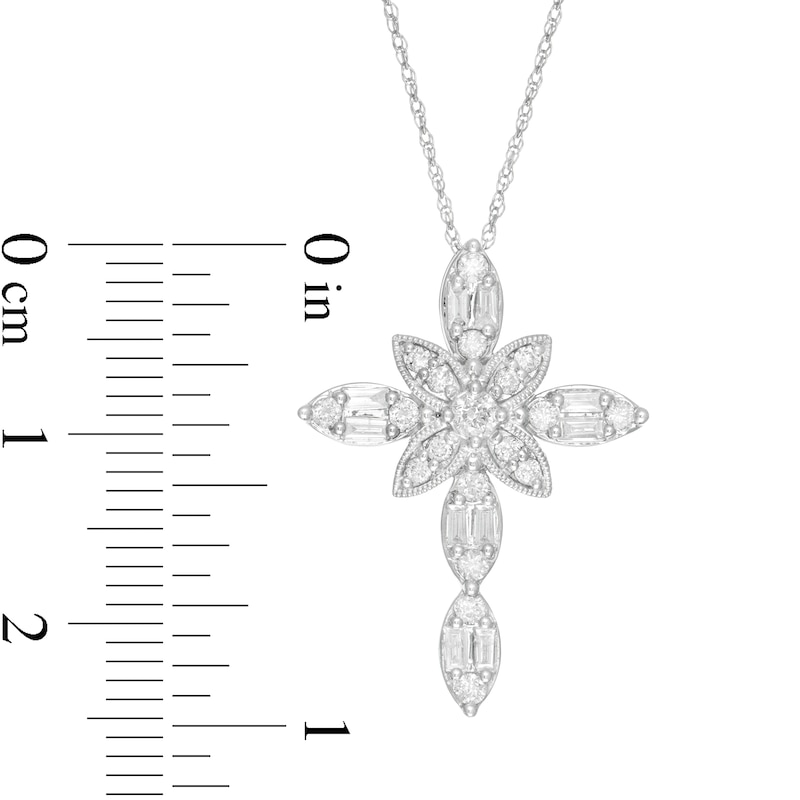 Main Image 3 of 0.50 CT. T.W. Baguette and Round Diamond Vintage-Style Cross Pendant in 10K White Gold